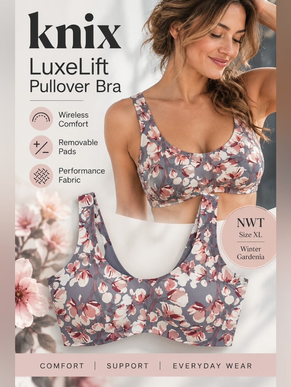 NWT Knix LuxeLift Pullover Bra XL Winter Gardenia Floral Wireless